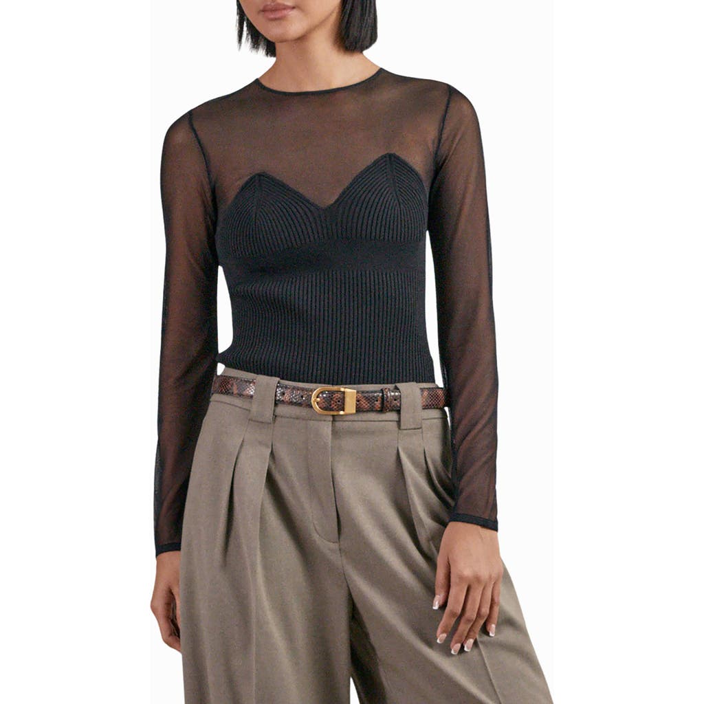 Reiss Womens Black Margot Sweetheart-neck Long-sleeve Stretch-mesh Top In Black