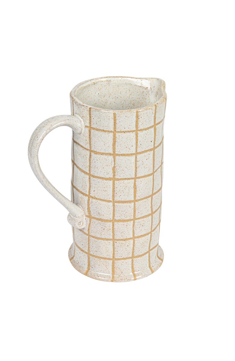 Storied Home 8.5 Inches 46-Ounce Stoneware Pitcher with Wax Relief Grid Pattern in Reactive Glaze, Cream and Brown, Main, color, Cream