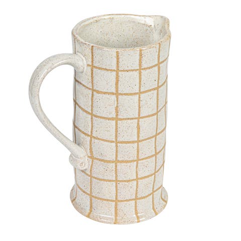8.5 Inches 46-Ounce Stoneware Pitcher with Wax Relief Grid Pattern in Reactive Glaze, Cream and Brown