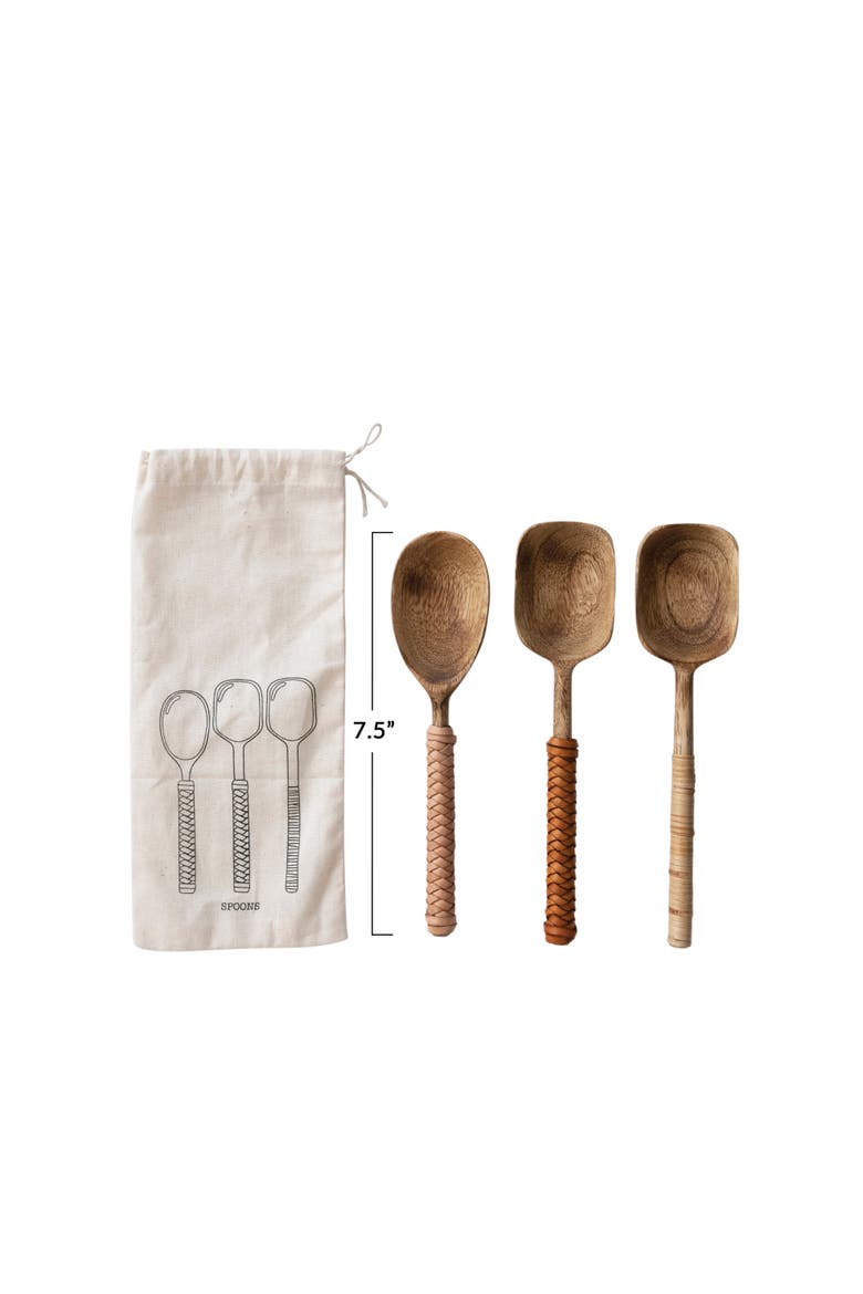 Mango Wood Spoons with wood and Leather Wrapped Handles, Set of 3 in Printed Drawstring Bag, Alternate, color, Natural