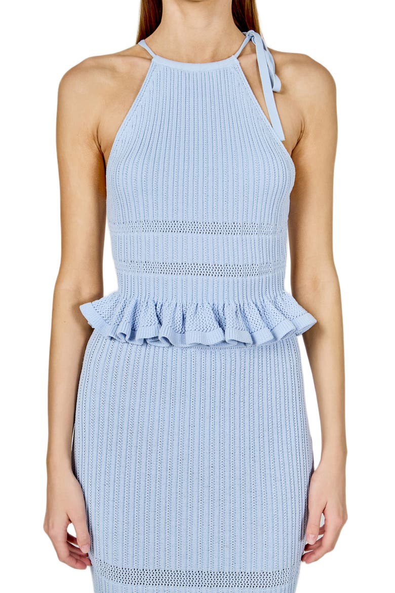 Ruffle Knit Tie Neck Top, Main, color, POWDER BLUE