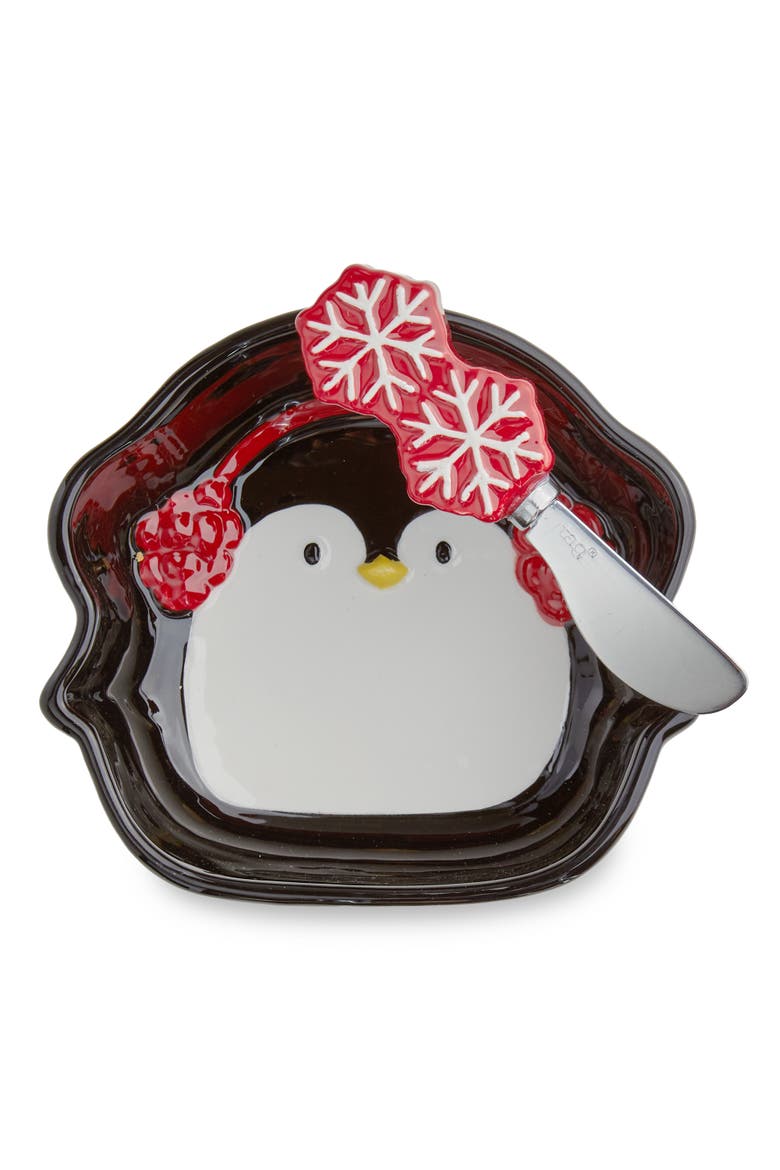Christmas Penguin Bowl & Snowflake Spreader Set Multi Earthenware 21 oz, Main, color, Black