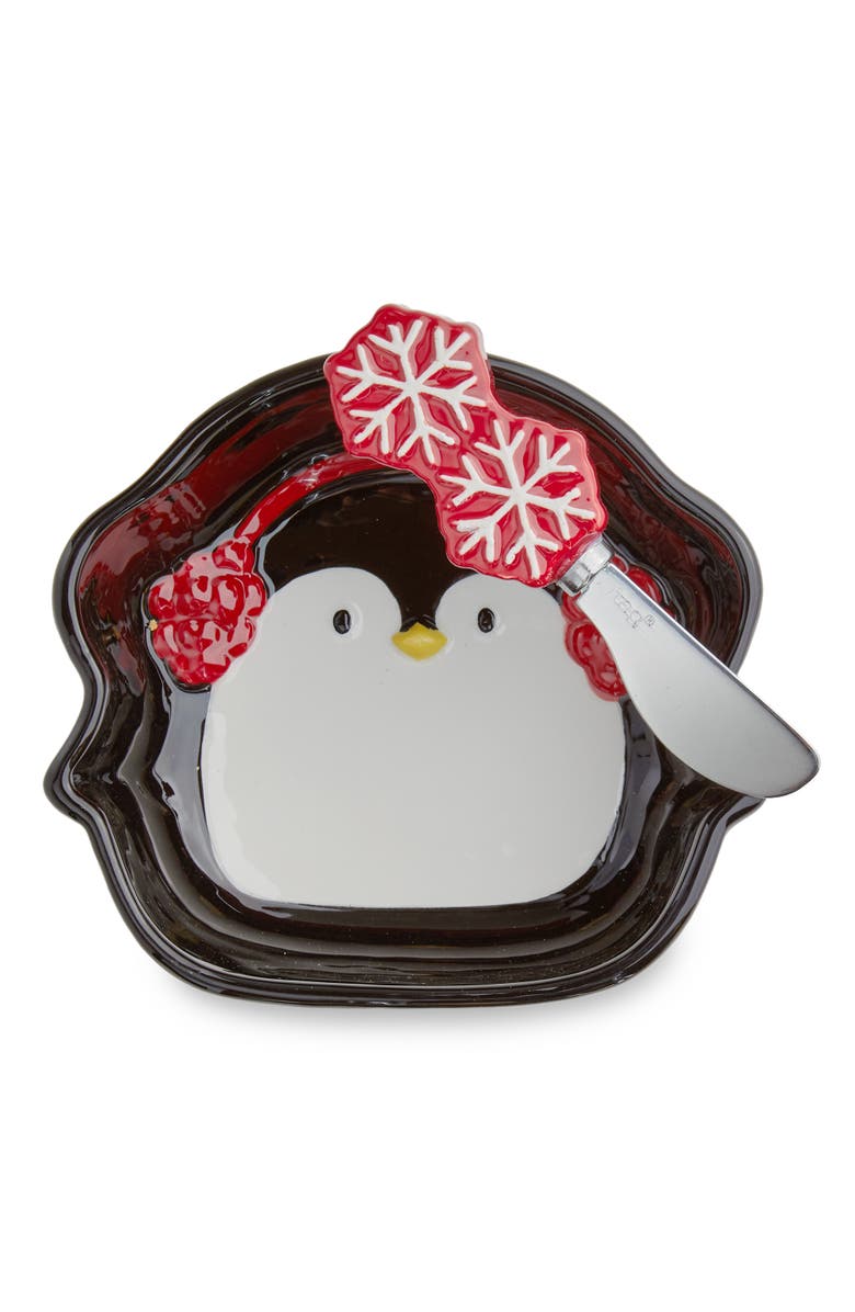 tag Christmas Penguin Bowl & Snowflake Spreader Set Multi Earthenware 21 oz, Main, color, Black
