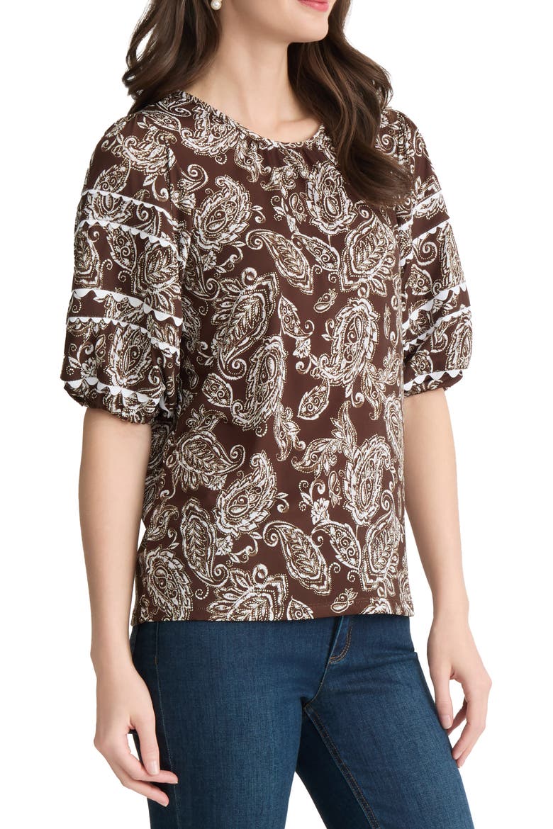 Scalloped Trim Puff Sleeve Stretch Cotton Top, Alternate, color, FUDGE/ WHITE SAND MULTI