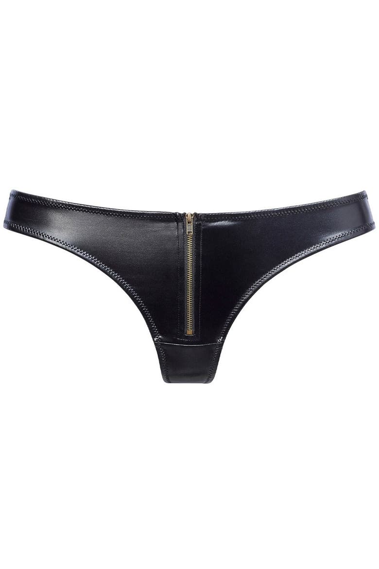 Faux Leather Zip Thong, Alternate, color, Black