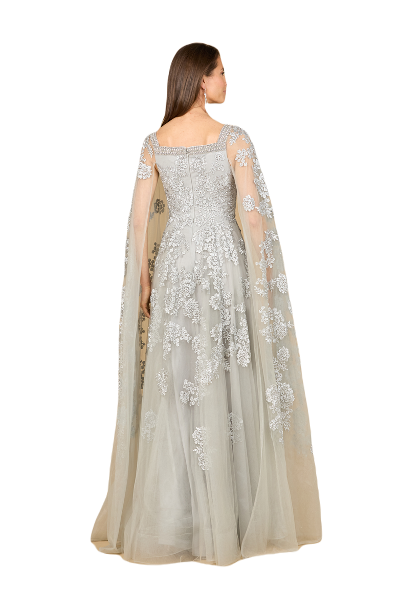 LARA New York Lace Gown with Long Cape Sleeves, Alternate, color, Silver