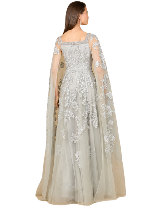 Lara New York Lace Gown With Long Cape Sleeves In Silver