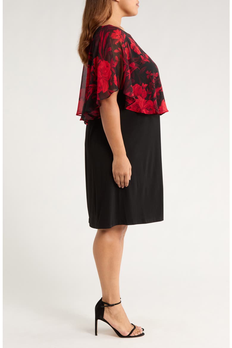 Floral Cape Bodice Dress, Alternate, color, RUBY