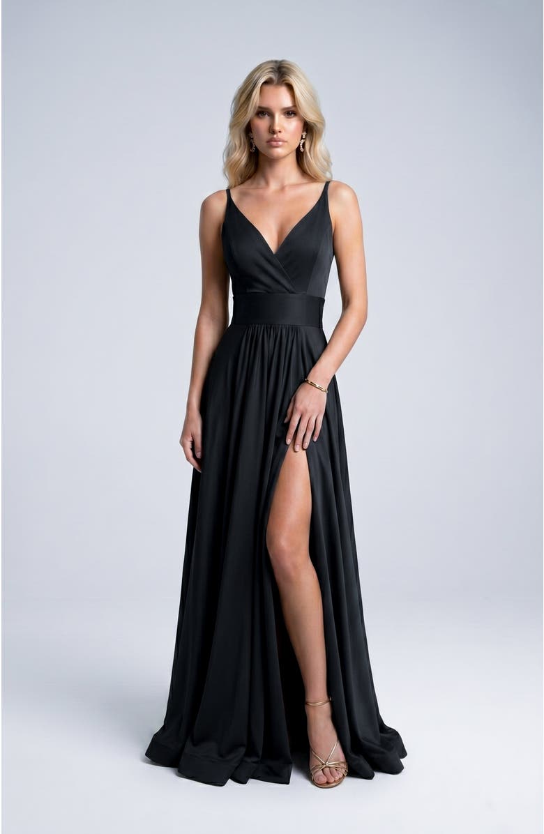 Jessica Angel Cross Front Neck Empire Waist Satin Gown, Alternate, color, Black