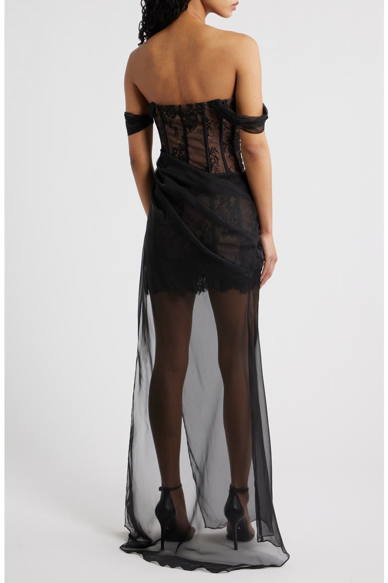 Debutante Off the Shoulder Mixed Media Gown, Alternate, color, BLACK