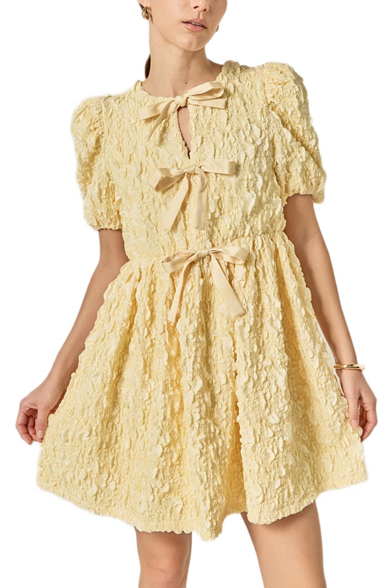 Crinkled Puff Sleeve Tie Front Minidress, Alternate, color, BUTTER YELLOW