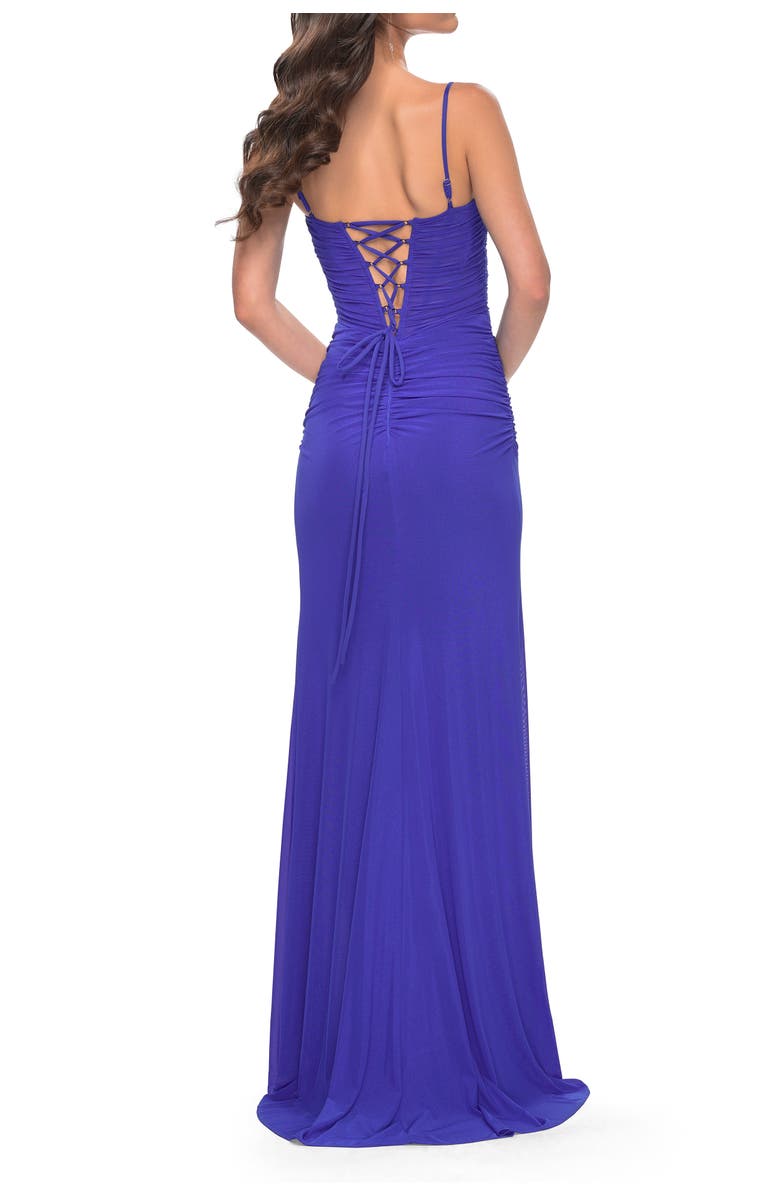 La Femme Net Jersey Ruched Dress with Rhinestone Fishnet Detail on Bust, Alternate, color, Royal Blue
