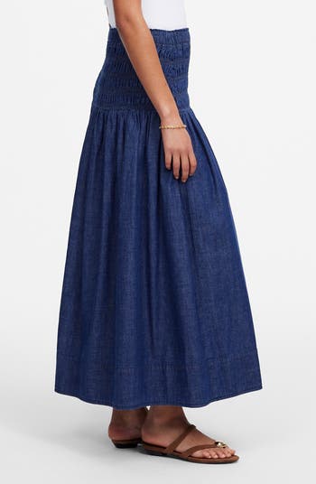Smocked Denim Midi Skirt