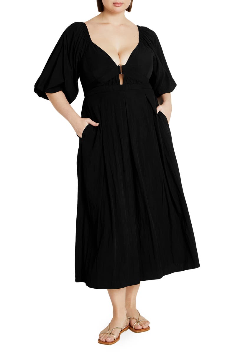 City Chic Shae Keyhole Detail Balloon Sleeve Midi Dress, Main, color, Black