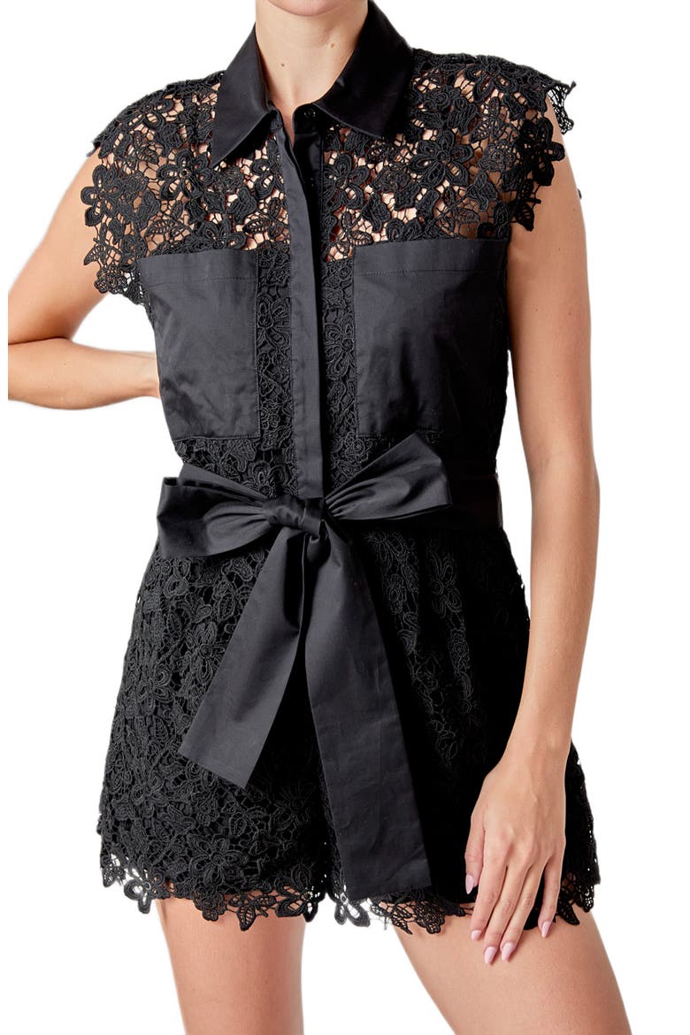 Lace Tie Waist Romper, Alternate, color, BLACK