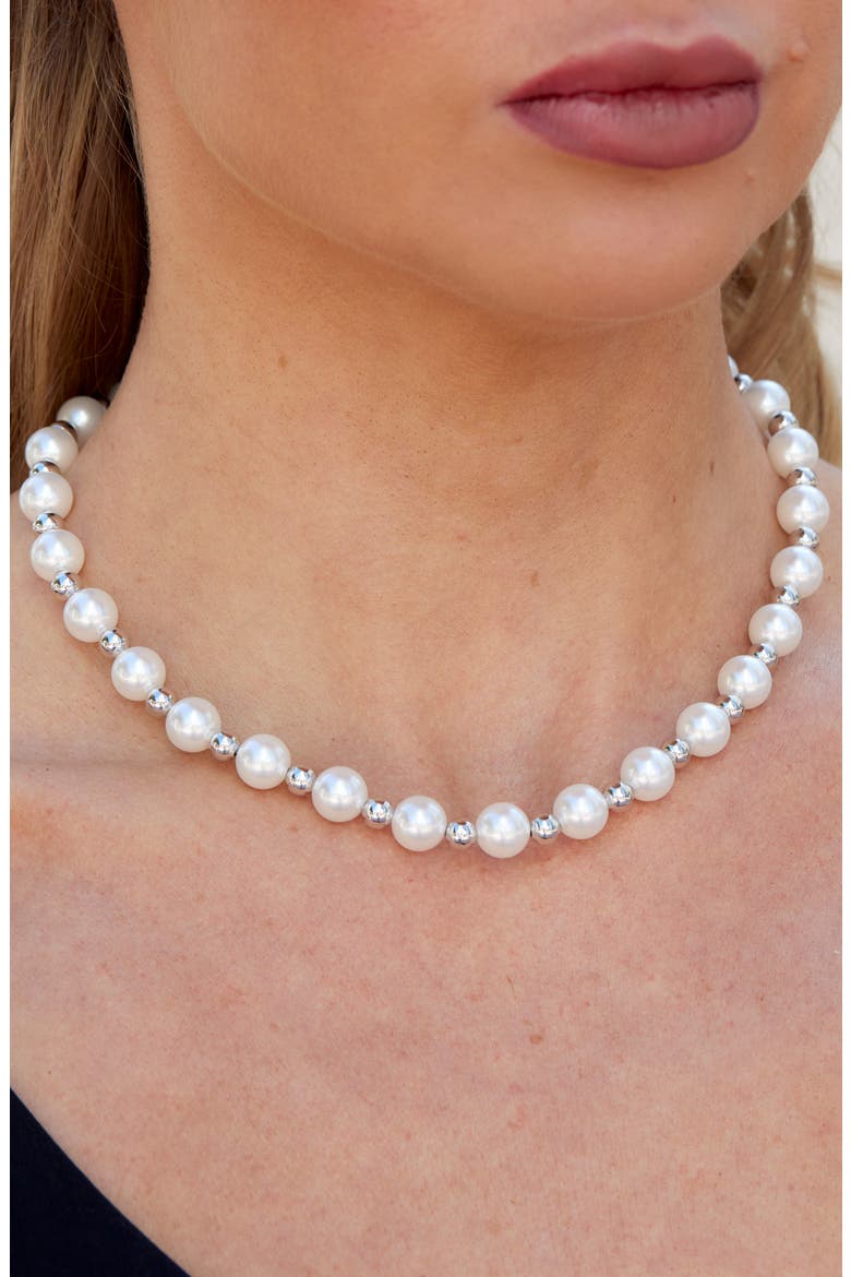Faux Pearl Beaded Station Magnetic Necklace, Alternate, color, WHITE/ SILVER