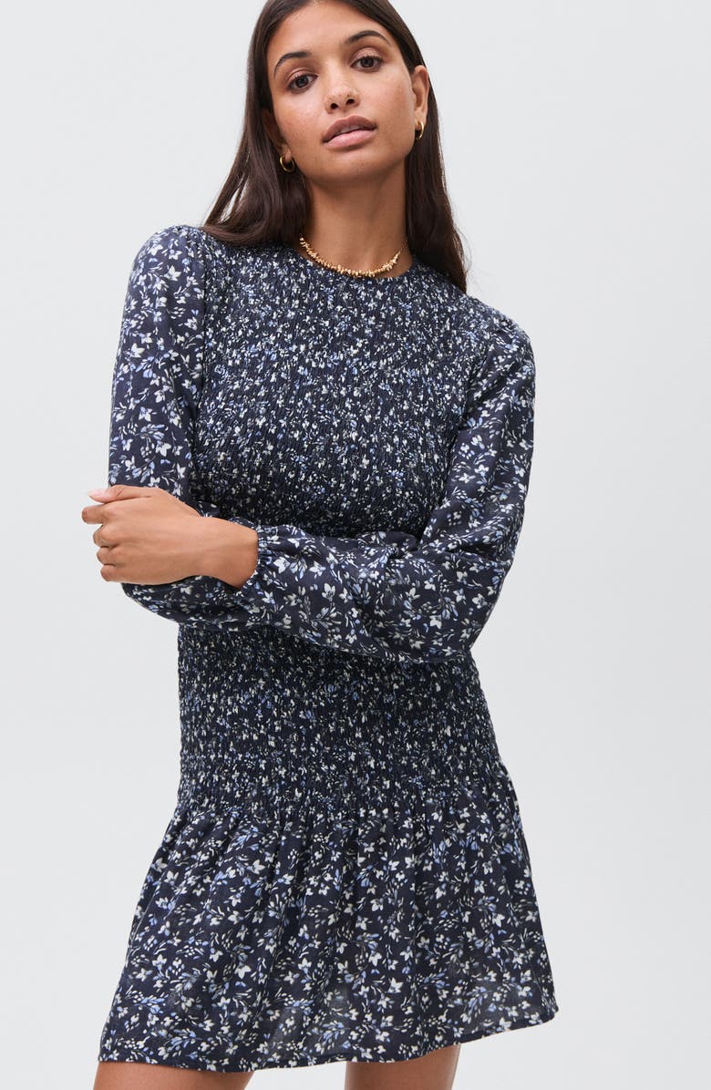 MANGO TEEN Smocked Long Sleeve Dress, Alternate, color, Navy