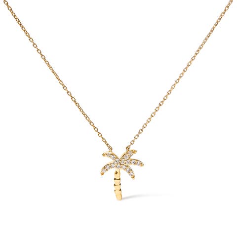 10K Yellow Gold 1/10 Cttw Round Diamond Palm Tree Inch Pendant Necklace