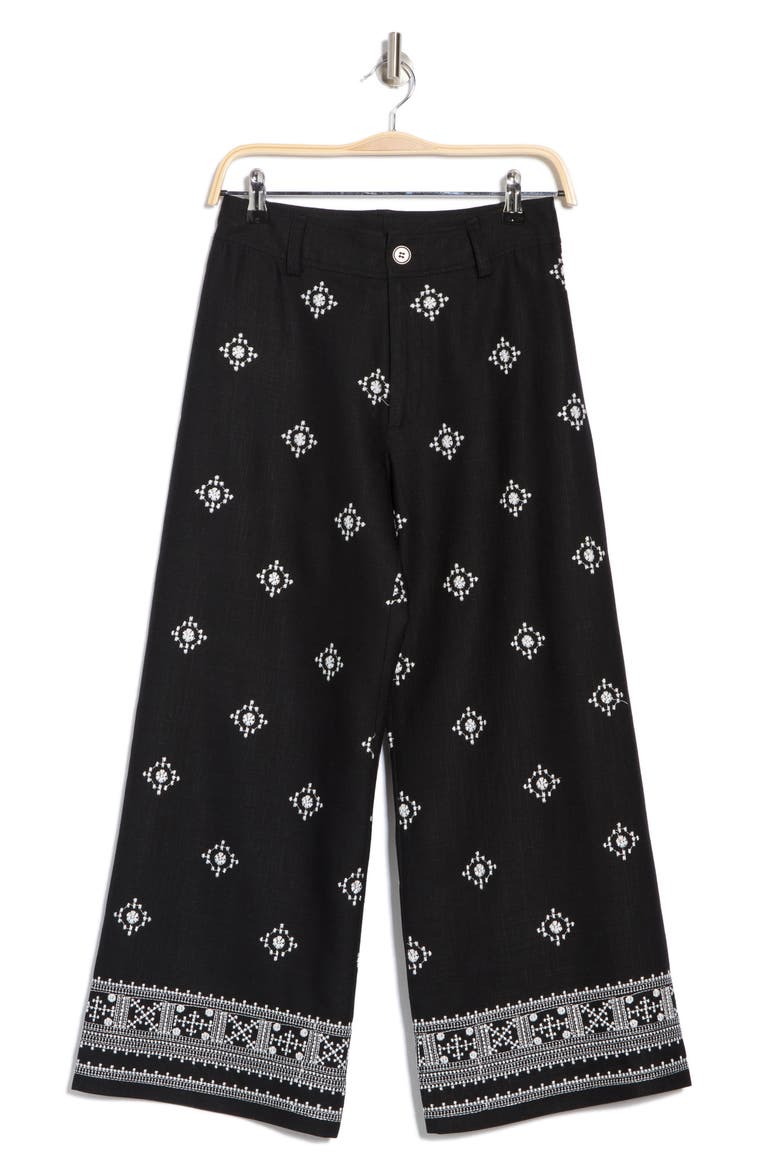 Embroidered Border Pants, Alternate, color, BLACK/ IVORY