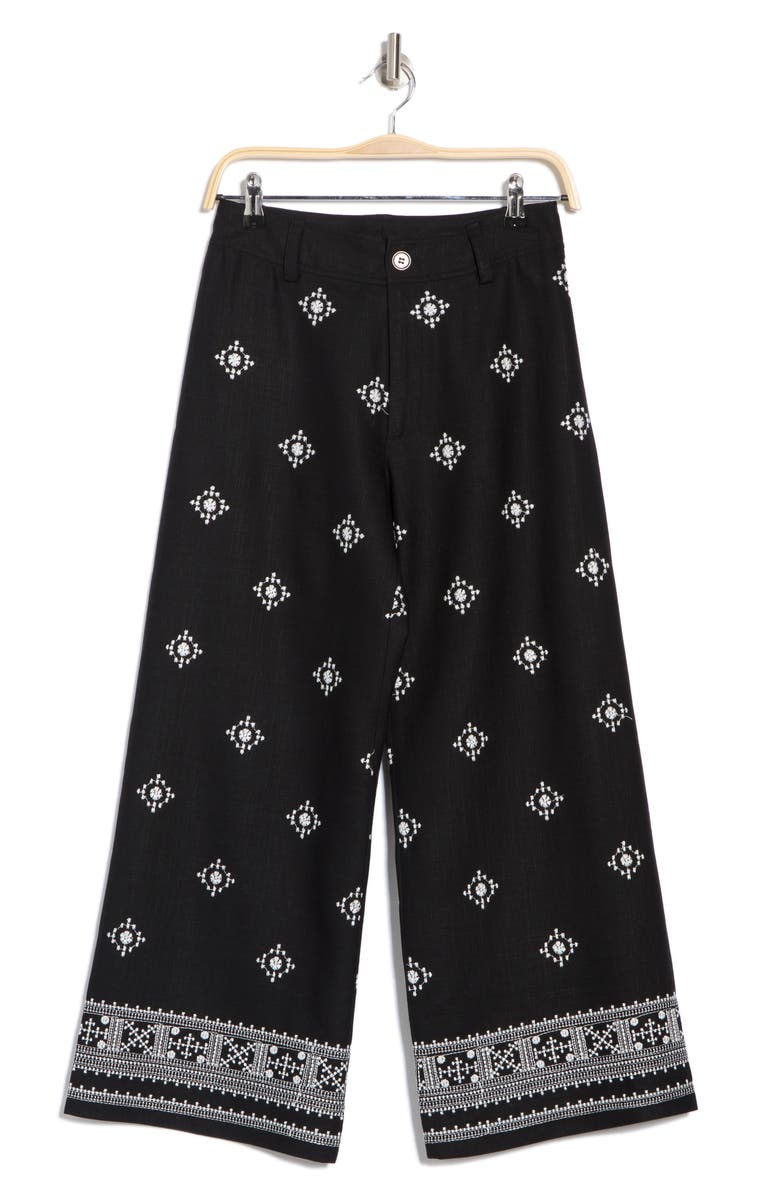T Tahari Embroidered Border Pants, Alternate, color, Black/ Ivory