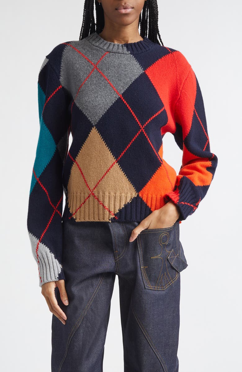 JW Anderson x Pringle of Scotland Argyle Wool Crewneck Sweater, Main, color, Navy