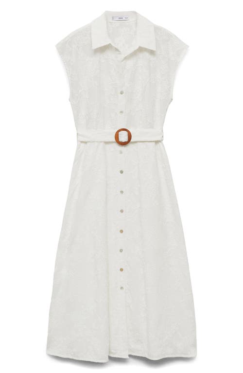 Mango Floral Embroidered Cap Sleeve Cotton Shirtdress In White