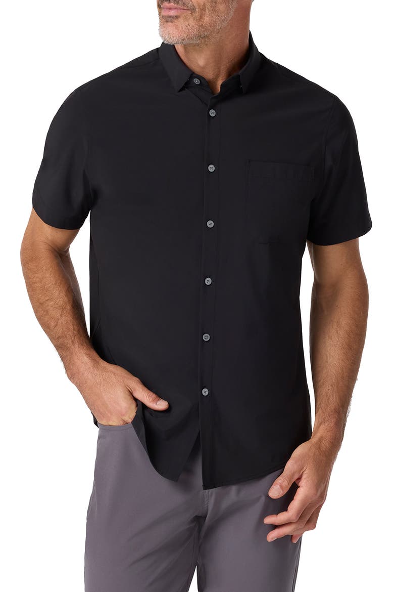 Leeward Trim Fit Short Sleeve Button-Up Shirt, Main, color, BLACK SOLID