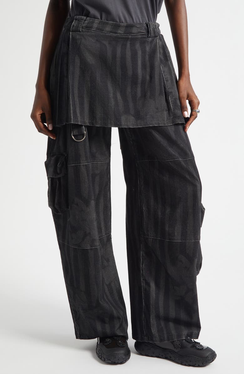 Collina Strada Lawn Plaid Skirt Overlay Cargo Pants, Main, color, Black Wavy Flower Stripe