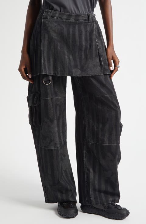 Lawn Plaid Skirt Overlay Cargo Pants (Black Wavy Flower Stripe)