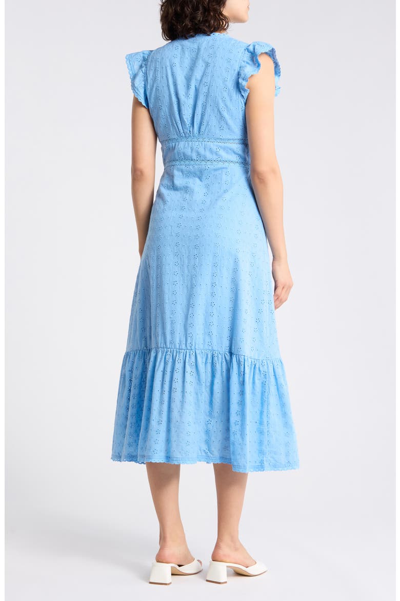 Embroidered Eyelet Cap Sleeve Cotton Poplin Midi Dress, Alternate, color, SKY BLUE