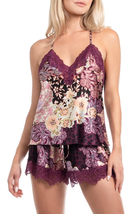 Anna Printed Lace Trim Satin Camisole & Shorts Pajamas