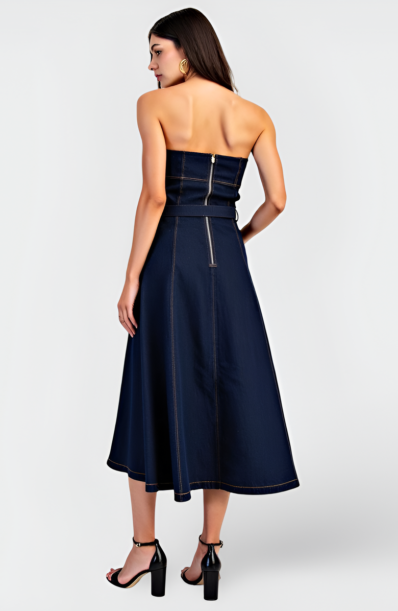 Modenaire Strapless Denim Midi Dress with Belted Waist, Contrast Stitching and Pockets, Alternate, color,