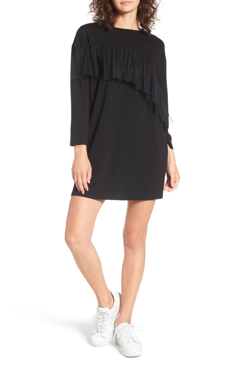 EVERLY Tulle Ruffle Sweatshirt Dress, Main, color,