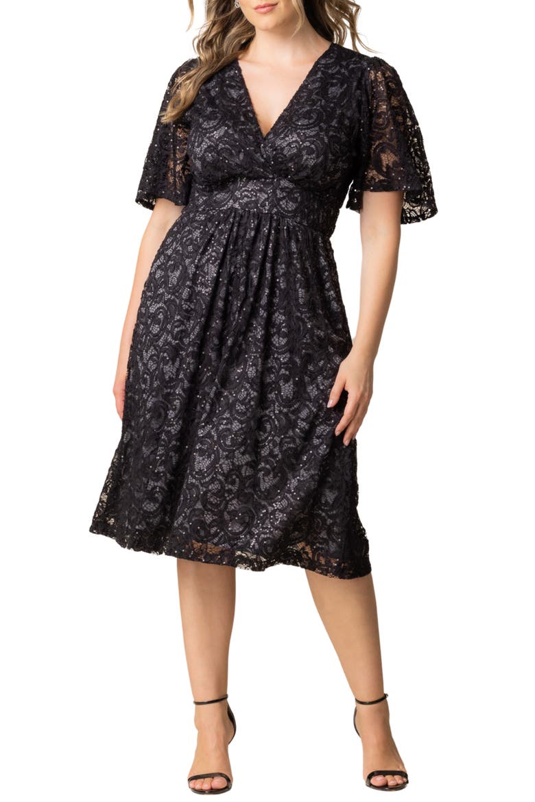Starry Sequin Lace Fit & Flare Cocktail Dress, Main, color, STORM GREY
