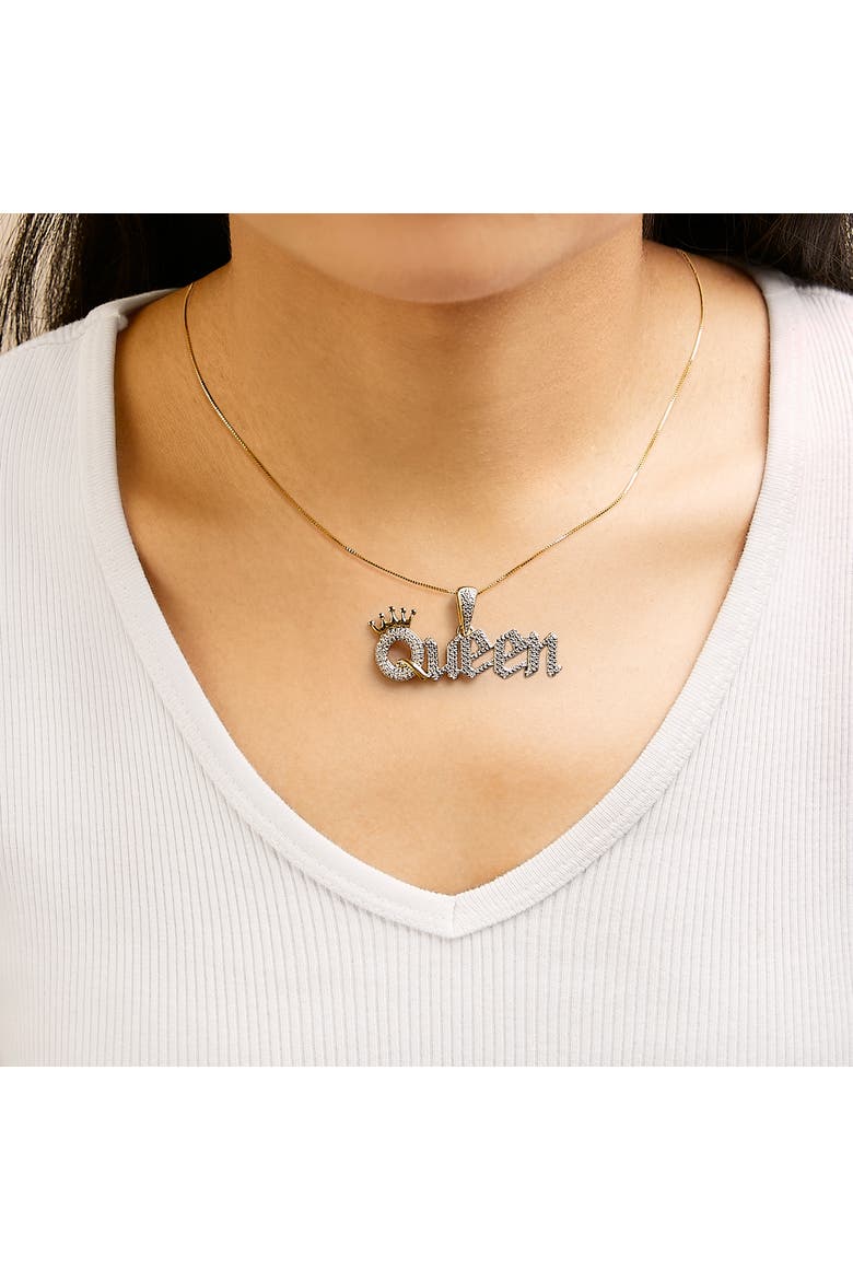 14K Yellow Gold Plated Sterling Silver 1/10 Cttw Diamond "Queen" Nameplate Pendant Necklace, Alternate, color, Yellow Gold over Silver