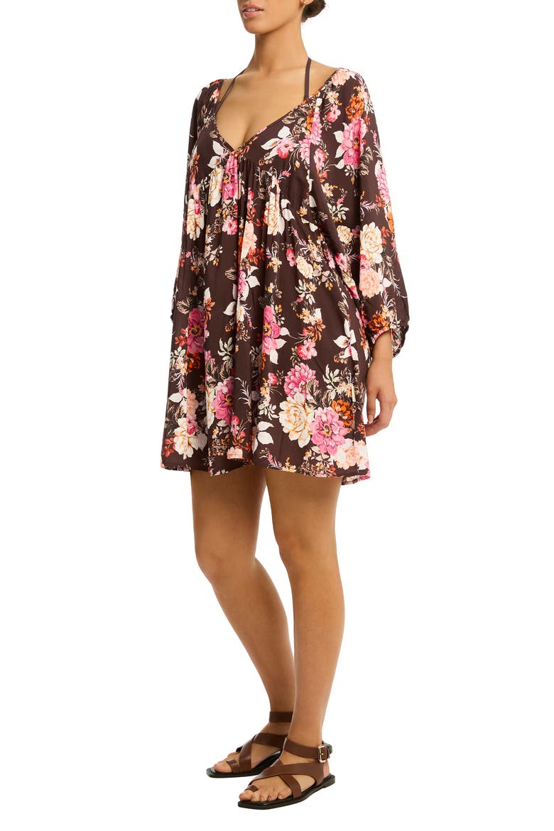 Rosewood Boho Balloon Sleeve Cover-Up Minidress, Alternate, color, COCOA