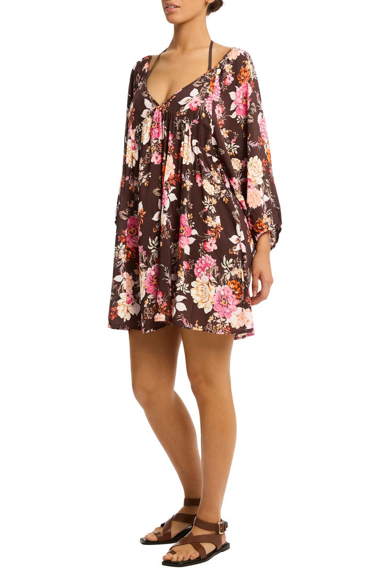 Sea Level Rosewood Boho Balloon Sleeve Cover-Up Minidress, Alternate, color,