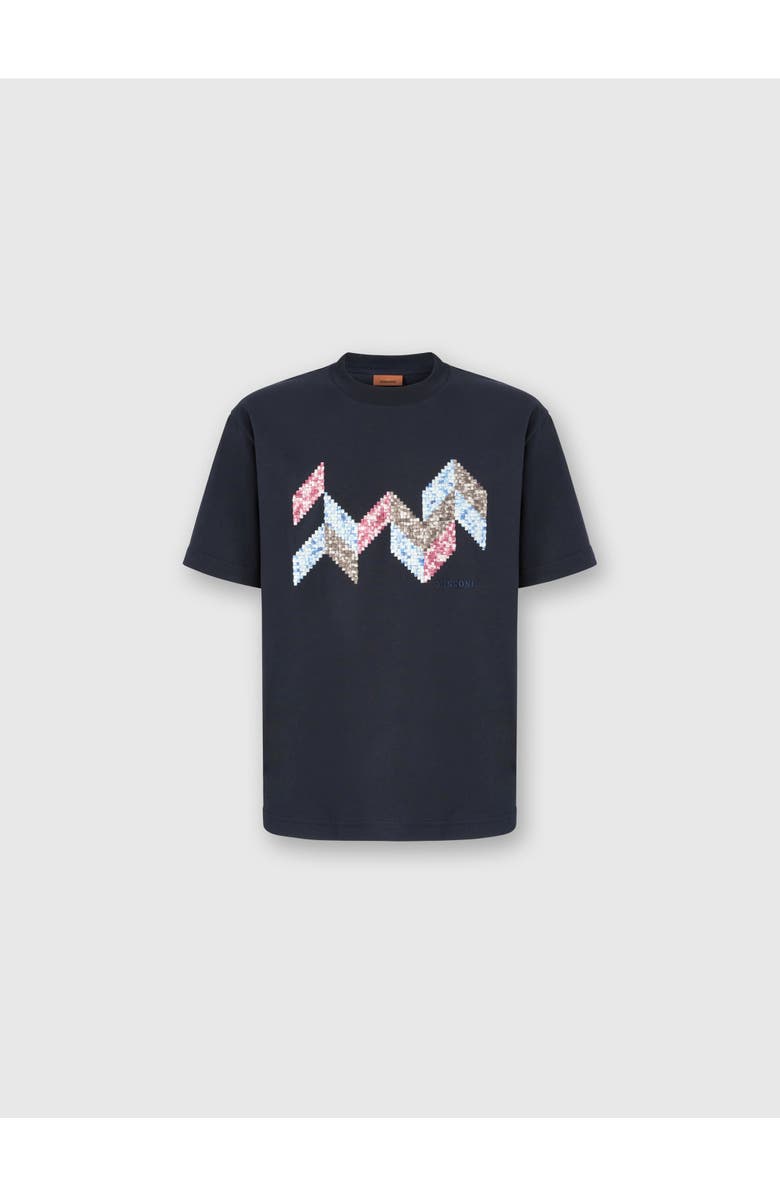 Missoni Short Sleeve T-shirt With Flame Zigzag Insert And Logo, Main, color, Blue
