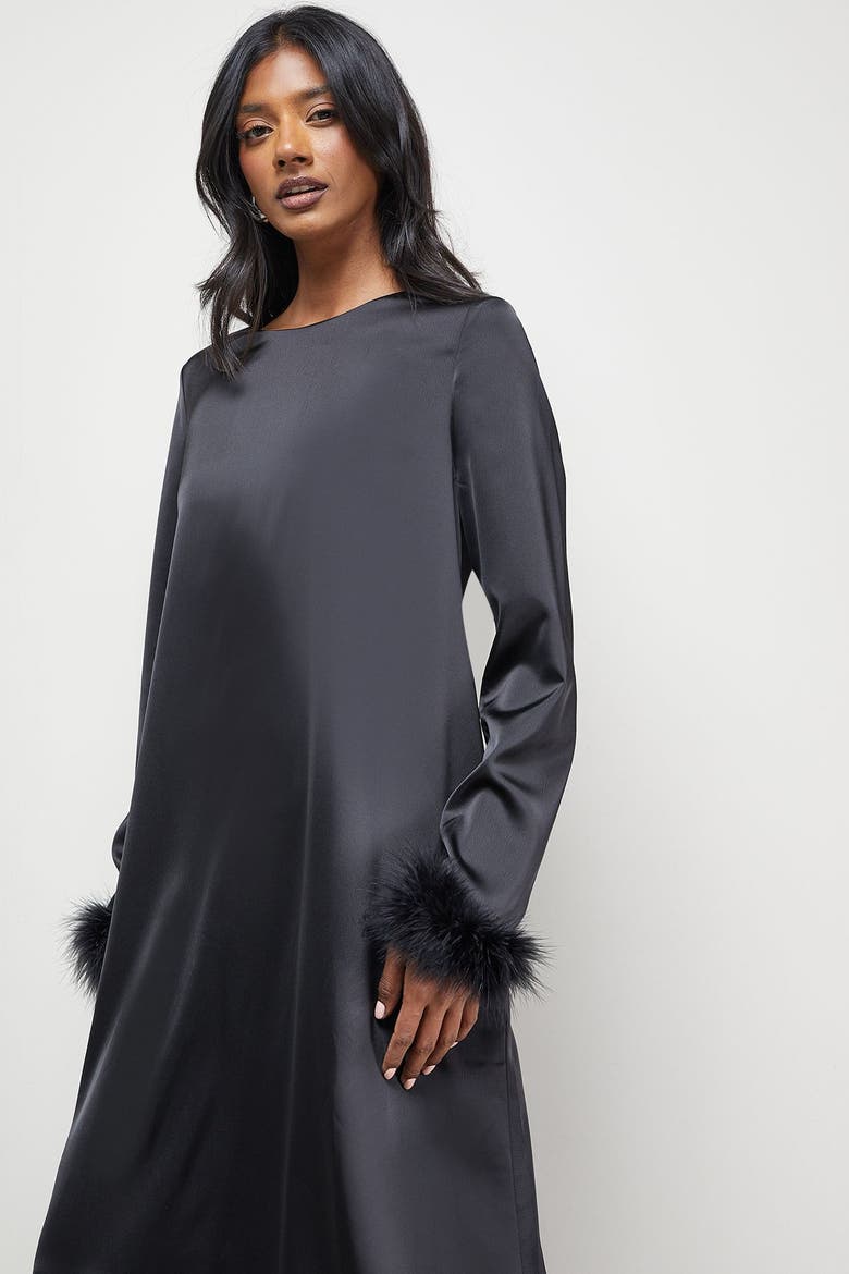 Feather High Neck Swing Midi Dress, Alternate, color, Black