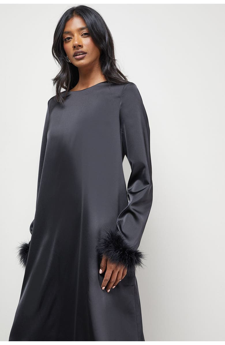 Warehouse Feather High Neck Swing Midi Dress, Alternate, color, Black