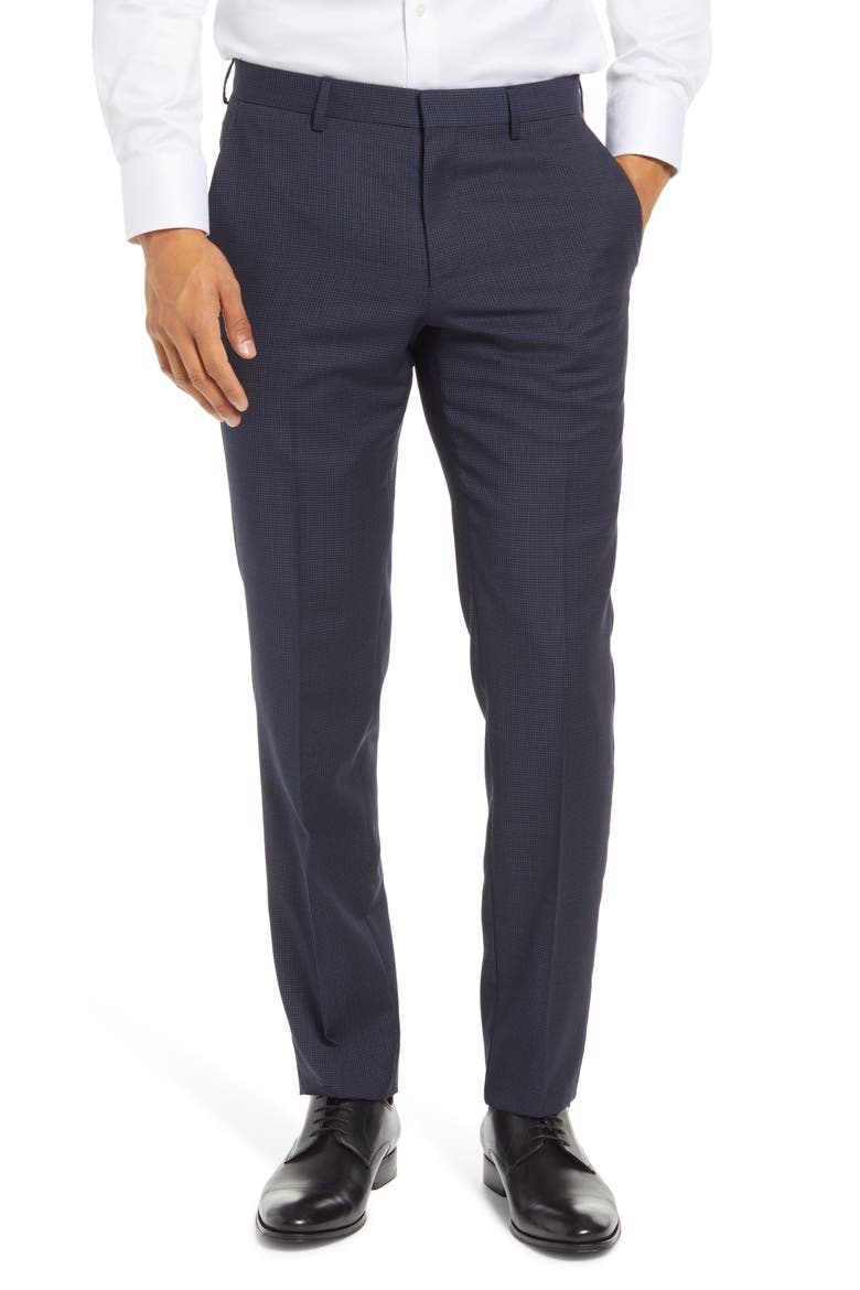 Genius Microcheck Slim Fit Flat Front Wool Dress Pants, Main, color, NAVY