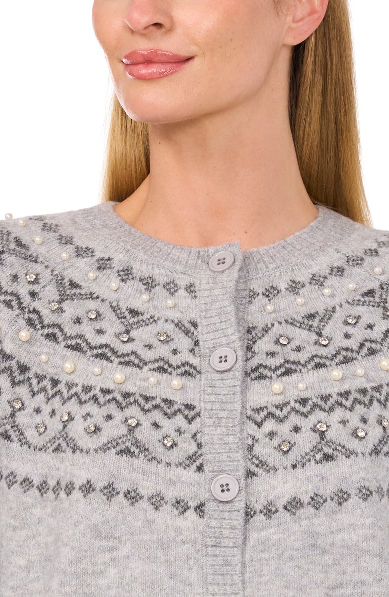 CeCe Imitation Pearl & Crystal Detail Fair Isle Cardigan Sweater, Alternate, color, 