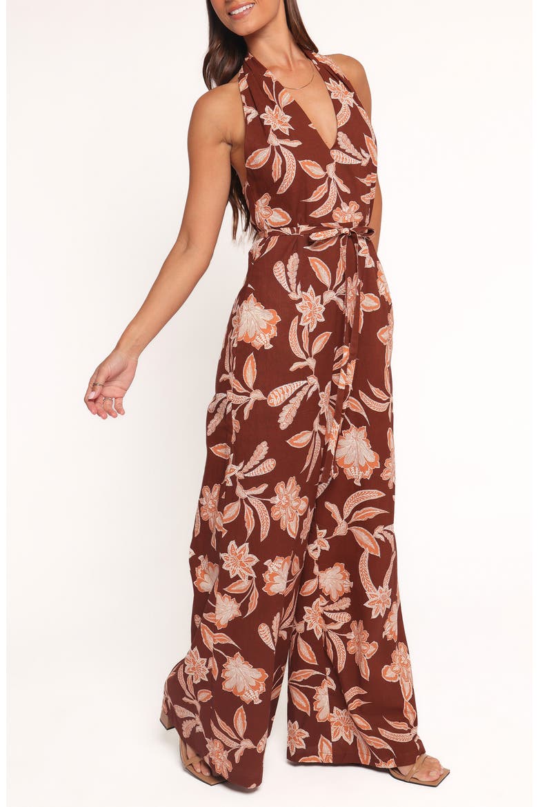 Kehlani Floral Halter Neck Wide Leg Cotton Blend Jumpsuit, Alternate, color, ORANGE FLORAL