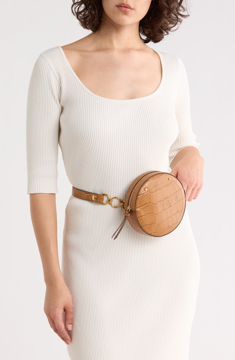 Longchamp Cavalcade Croc-Embossed Round Belt Bag, Alternate, color, Camel