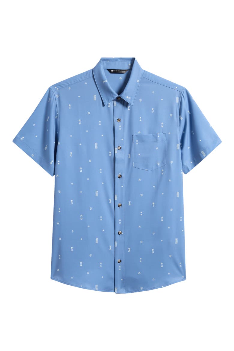 Techwoven Waves Geo Print Short Sleeve Performance Button-Up Shirt, Alternate, color, BLUE HORIZON