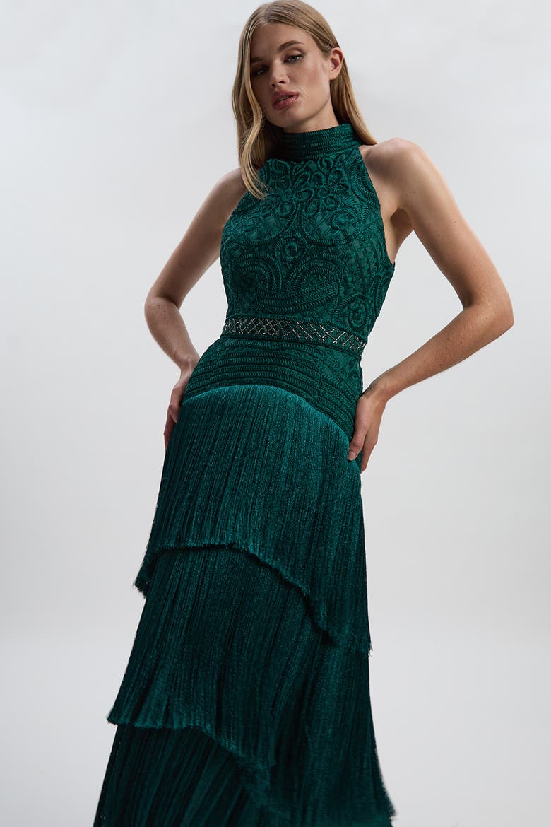 Beaded Halter Neck Woven Maxi Dress, Alternate, color, Dark Green