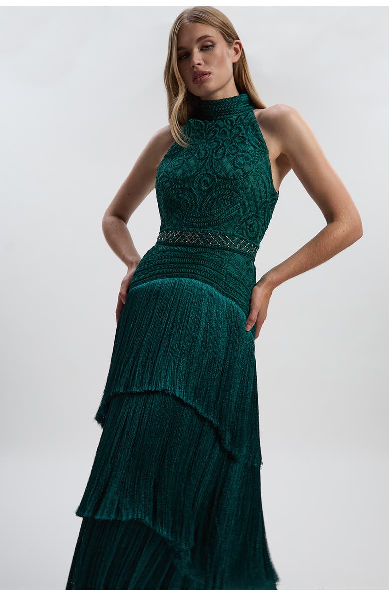 Karen Millen Beaded Halter Neck Woven Maxi Dress, Alternate, color, Dark Green