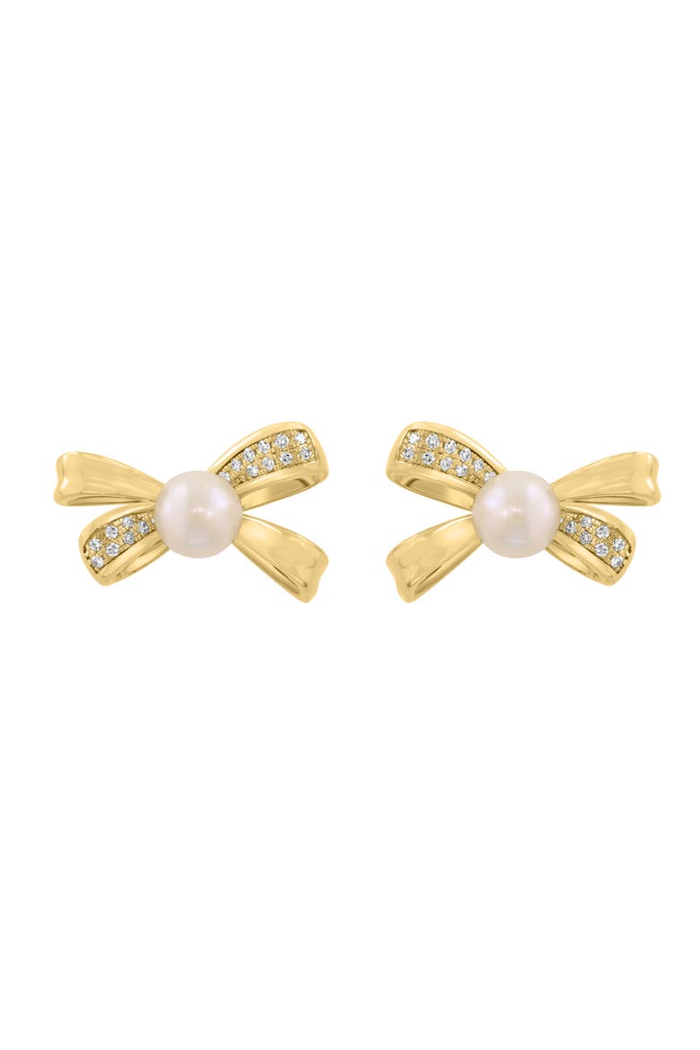 14K Yellow Gold Diamond Fresh Water Pearl Bow Earrings, Main, color, 14K Gold