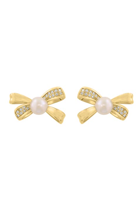 14K Yellow Gold Diamond Fresh Water Pearl Bow Earrings