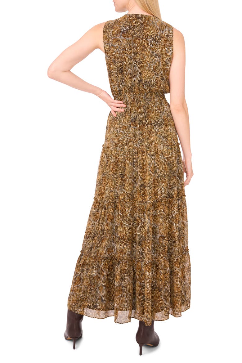 Abstract Print Tie Neck Tiered Maxi Dress, Alternate, color, CARAMEL